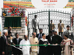 UPA Chairperson and Congress President Sonia Gandhi inaugurating the tulip garden in Srinagar on Saturday.