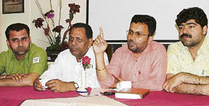 Congress councillor Sushil Raju Thapar addresses a press conference in Ludhiana on Saturday.