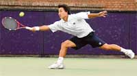 Hyun-woo nam of Korea returns a shot during his Ist round match against Vijay Kannan during the ITF Men's circuit at the CLTA stadium in Sector 10, Chandigarh, on