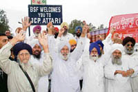 Farmers of border villages of Rorewala and Patti protest against inadequate compensation announced by the government for their land to be acquired for an integrated checkpost at Attari on Monday.