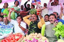 Members of RWAs with Vijay Goel protest against the UPA government on the issue of price rise at Chandni Chowk in the Capital 