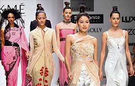 Models showcase designer Sanjay Malhotras collection during the Lakme Fashion Week in Mumbai
