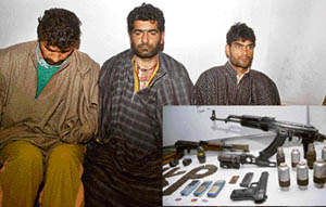 Three arrested militants of Hizbul Mujahideen at the police headquarters in Handwara on Wednesday.