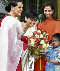 Congress president Sonia Gandhi during a function at her residence on World Autism Day in New Delhi on Wednesday.