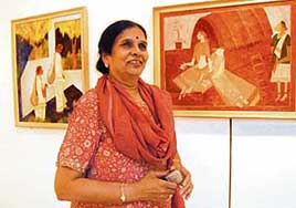 Dr Pushpa Dravid at her exhibition at Punjab Arts Council, Sector 16, in Chandigarh on Thursday.