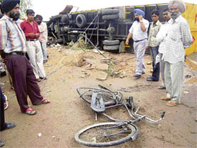 The ill-fated truck that met with an accident in Kharar on Thursday morning.