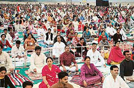 A view of the yoga camp being organised by Swami Ramdev at Bilaspur on Thursday.