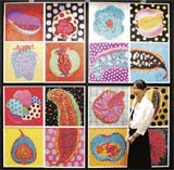 Paintings titled Kamon, created by Nahoko Kimura, are displayed as a gallery employee stand next to it at the Art Fair Tokyo 2008