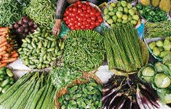 A vendor arranges vegetables at a wholesale market 