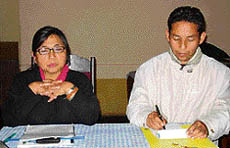 Tibetan MP Dolker Lhamo briefs mediapersons in Manali on Friday.