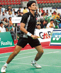 Chetan Anand in action against Andrew Smith during the mens singles semifinal match at the Indian Open Grand Prix in Hyderabad on Saturday.