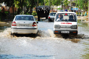 A view of the Civil Lines Road in Bathinda on Sunday after the heavy rains that lashed the city on Saturday night. 