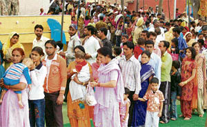 Long queues of devotees on the first day of Navratras at Mata Mansa Devi Temple inPanchkula on Sunday.