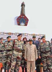 Union defence minister A.K. Antony with the Chief of Army Staff, Gen Deepak Kapoor, GOC-in-C Eastern Command, Lieut-Gen V.K. Singh, and other Army officials at the 'War Memorial', constructed in the memory of soldiers, who laid down their lives during the 1962 India-China war, in Tawang on Sunday.