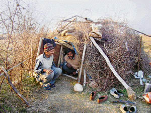 An igloo-shaped makeshift hut of a fisherman set up on Ranser, one of the islands in the Pong Dam reservoir in Kangra district.