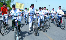 Children participate in a cycle rally organised by the Delhi Medical Association (DMA) to observe World Health Day in the Capital on Monday.