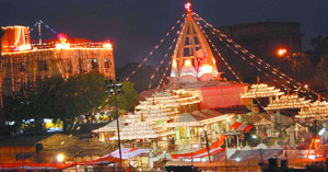 The illuminated Jhandewalan temple for the Navratri festival in the Capital on Monday.