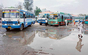 In the absence of proper maintenance, the bus stand at Kaithal turns into a pool of slush even after a mild shower.