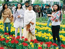 The former Chief Minister of Bihar and wife of Union Railway Minister Lalu Prasad Yadav, Rabri Devi, along with her children at the Tulip Garden in Srinagar on Monday