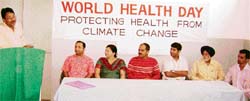 Sangrur DHO Dr K.C. Goel addresses a gathering at Hind Hospital at Ahmedgarh