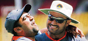 Virender Sehwag and Piyush Chawla during practice session at Sardar Patel Stadium in Ahmedabad on Monday.