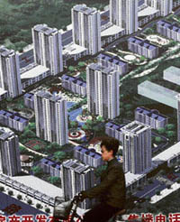 A Chinese woman cycles by a billboard of a new highrise apartment buildings under construction in Shenyang, northeastern China's Liaoning province on Tuesday.