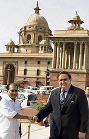 Defence Minister AK Antony receives his Afghanistan counterpart Abdul Rahim Wardak at South Block in New Delhi on Tuesday.