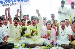 BJP actvists sit on dharna during their protest aginst the UPA government on the issue of price rise at Jahangirpuri in the Capital