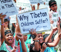Children demonstrate for peace in Tibet under the banner of Bachpan Bachao Andolan in the Capital on Friday.