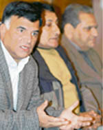 NC senior leader Mehboob Beigh addresses a press conference at the party headquarters in Srinagar