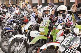 Rallyists wave to the crowd before the beginning of the SJOBA-Thunderbolt Sub-Himalayan Rally-2008 in Chandigarh on Saturday.