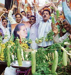 Shiv Sena activists protesting against sky-rocketing prices of essential items in Jammu on Saturday. 