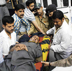 A person injured in a mishap near Darmari being admitted to the government hospital in Jammu on Sunday