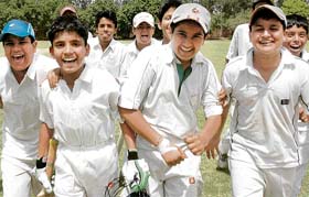 Jovial members of St Johns team after thrashing Lahore team by 9 wickets in a friendly series at St Johns High School, Sector 26, in Chandigarh