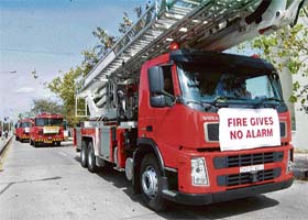 Fire engines spread awareness on fire during the launch of the fire safety week in Chandigarh