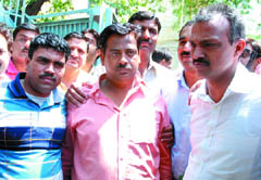Haroon, Parvaz and Dinesh Kumar Mittal, the brother-in-law of victim Arun Gupta, being paraded before the media in the Capital on Monday. 