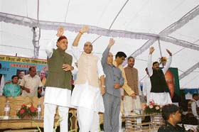 Chief Minister Prem Kumar Dhumal, BJP national president Rajnath Singh, Rajya Sabha MP Shanta Kumar and state party president Jai Ram Thakur at a thanksgiving rally at Solan