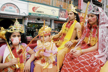 Kashmiri Hindus take out a procession from the Lord Rama Temple on the occasion of Ramnavmi in Srinagar on Monday.