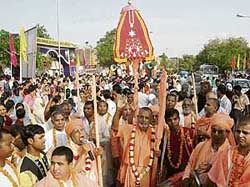 Devotees take part in Sree Chaitanya Gaudiya Math rath yatra in Sector 20, Chandigarh, on Tuesday.