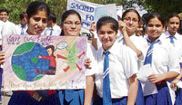 Students of Sacred Heart Senior Secondary School, BRS Nagar stage a rally in Ludhiana on Tuesday.