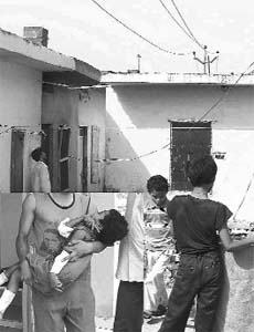 Roof of the house where two kids were electrocuted and (inset) one of the injured being rushed to the hospital at Kurawalla village in Mohali
