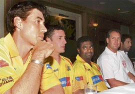 Stephen Fleming, Michael Hussey, Muttiah Muralitharan, Tom Moody and Yuvraj Singh at a press conference in Chandigarh on Thursday.