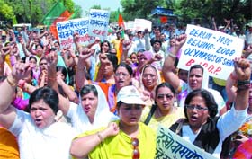 BJP activists march in support of Tibetans demands in the Capital