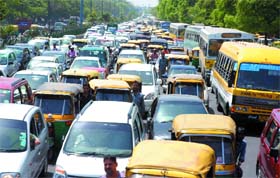 Traffic jam at Ring road near Rajghat during the Olympic torch realy in the afternoon in the Capital