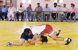 Wrestling trials being conducted by the Punjab Sports Department at Guru Nanak Sports Complex in Ludhiana on Thursday.