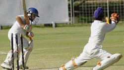 Nipun Bhardwaj of Stadium Eleven plays a shot at Sector 16 Cricket Stadium in Chandigarh