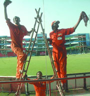 Finishing touches being given to Ferozshah Kotla Stadium for the upcoming IPL matches in the Capital on Friday.