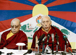 Prime minister of the Tibetan government-in-exile Samdhong Rinpoche at a press conference in Dharamsala