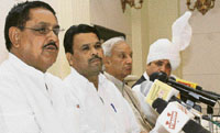 Lakhi Ram Nagar, UP irrigation minister and a BSP leader, addressing mediapersons in Jammu on Friday.