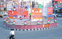 Congratulatory flex boards overshadow the soldier at Fauji Chowk in Bathinda. 
